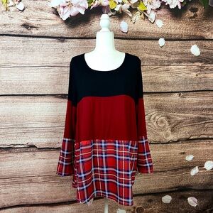 Women’s Black Red White Tartan Plaid Embroidered Floral Lace Tunic Blouse
